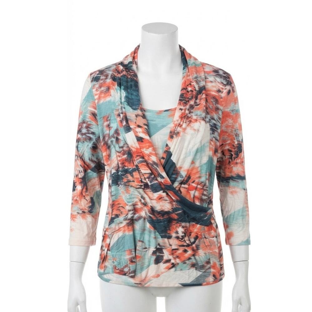 Jennifer Lopez JLo Multicolor Abstract Print Wrap Blouse Long Sleeve Large